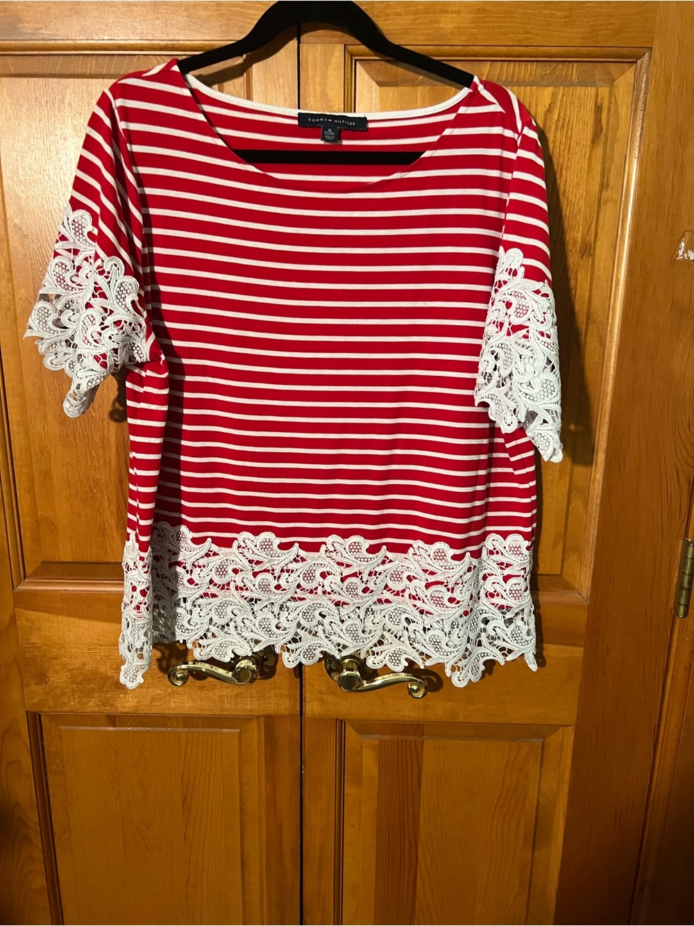 Tommy Hilfiger Red & White Striped Lace-Trim Short Sleeve Tee